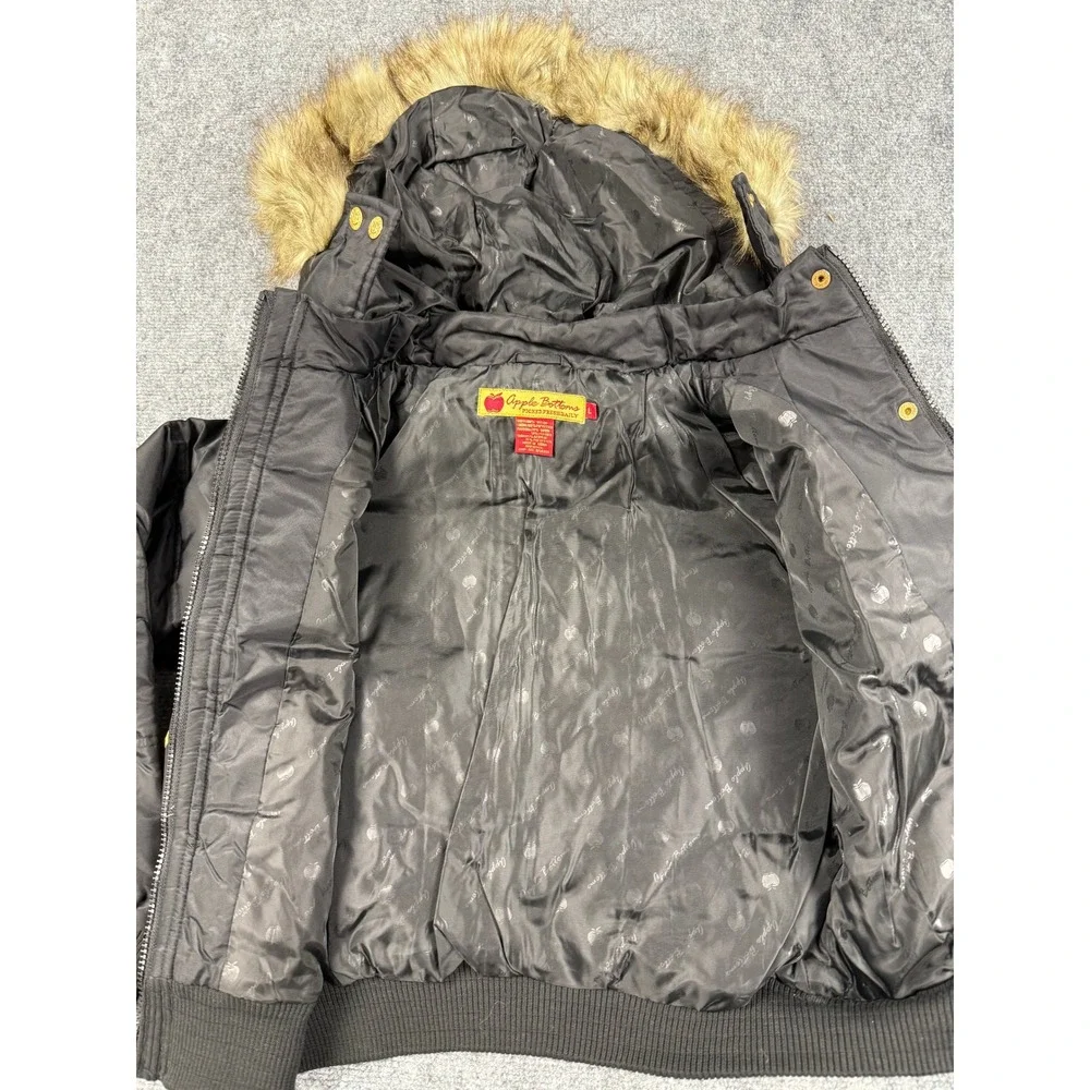 VTG‎ Apple Bottoms Puffer Jacket Black Fur Hood Zip Up Rhinestone Size L